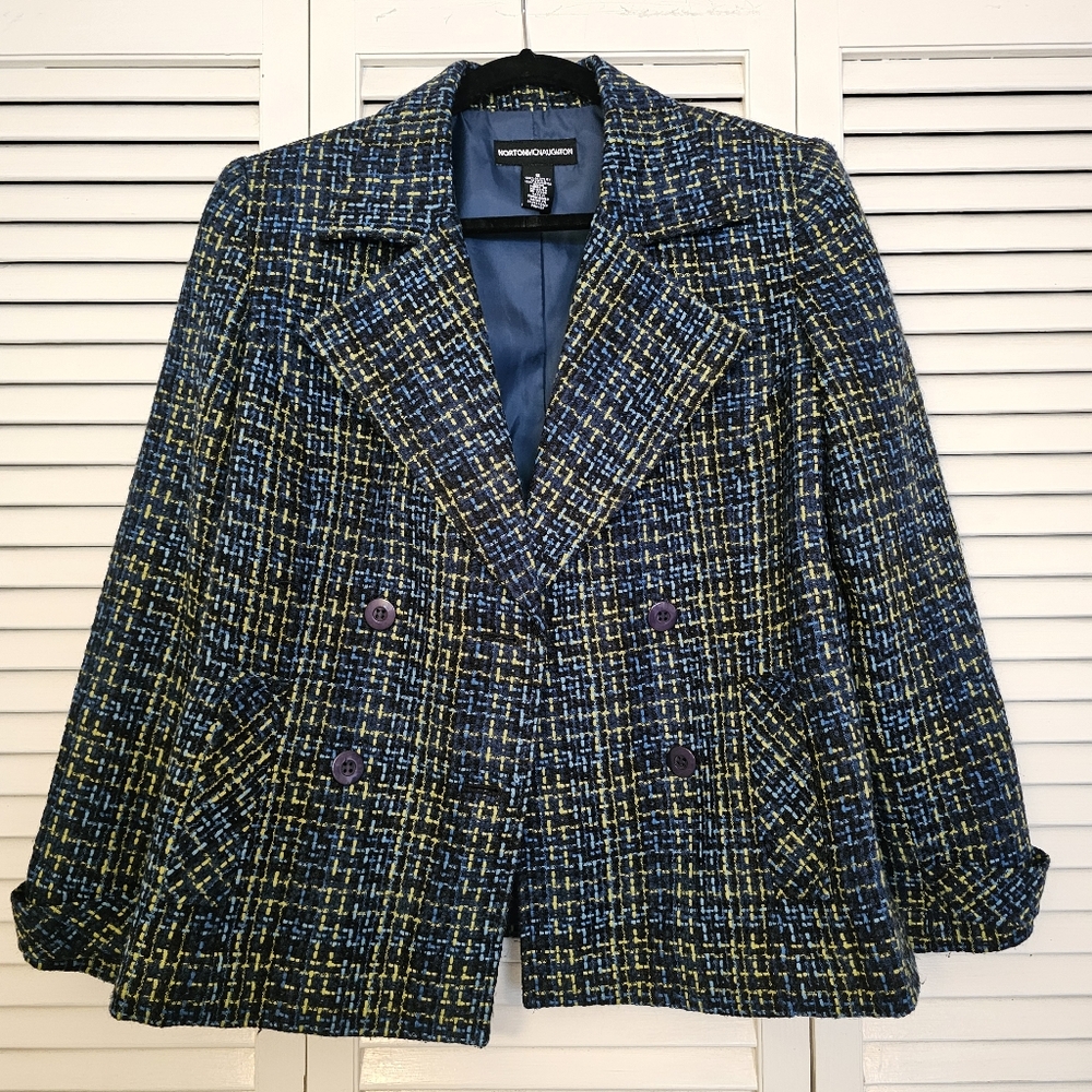 Norton McNaughton Womens Blue Double Breasted Geometric Pattern Knitted Blazer 8